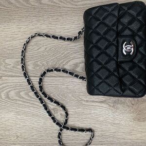 black rectangle mini flap bag